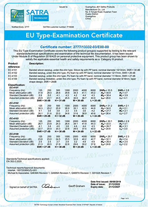 Certificado CE para tapones de oídos con banda de sujeción