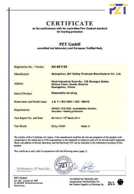 Certificado AS/NZS para tapones auditivos de PU EC1001 y  EC1001C