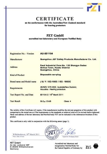 Certificado AS/NZS para tapones auditivos de PU EC-1003