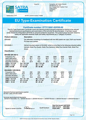 Certificado CE para orejeras EM-5002 y EM-5002D-1