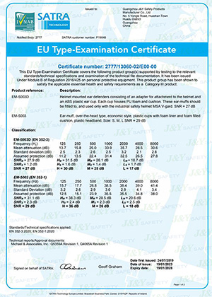 Certificado CE para orejeras EM-5003D y EM-5003