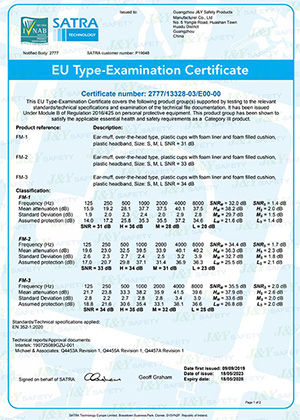 Certificado CE para orejeras FM-1, FM-2, FM-3